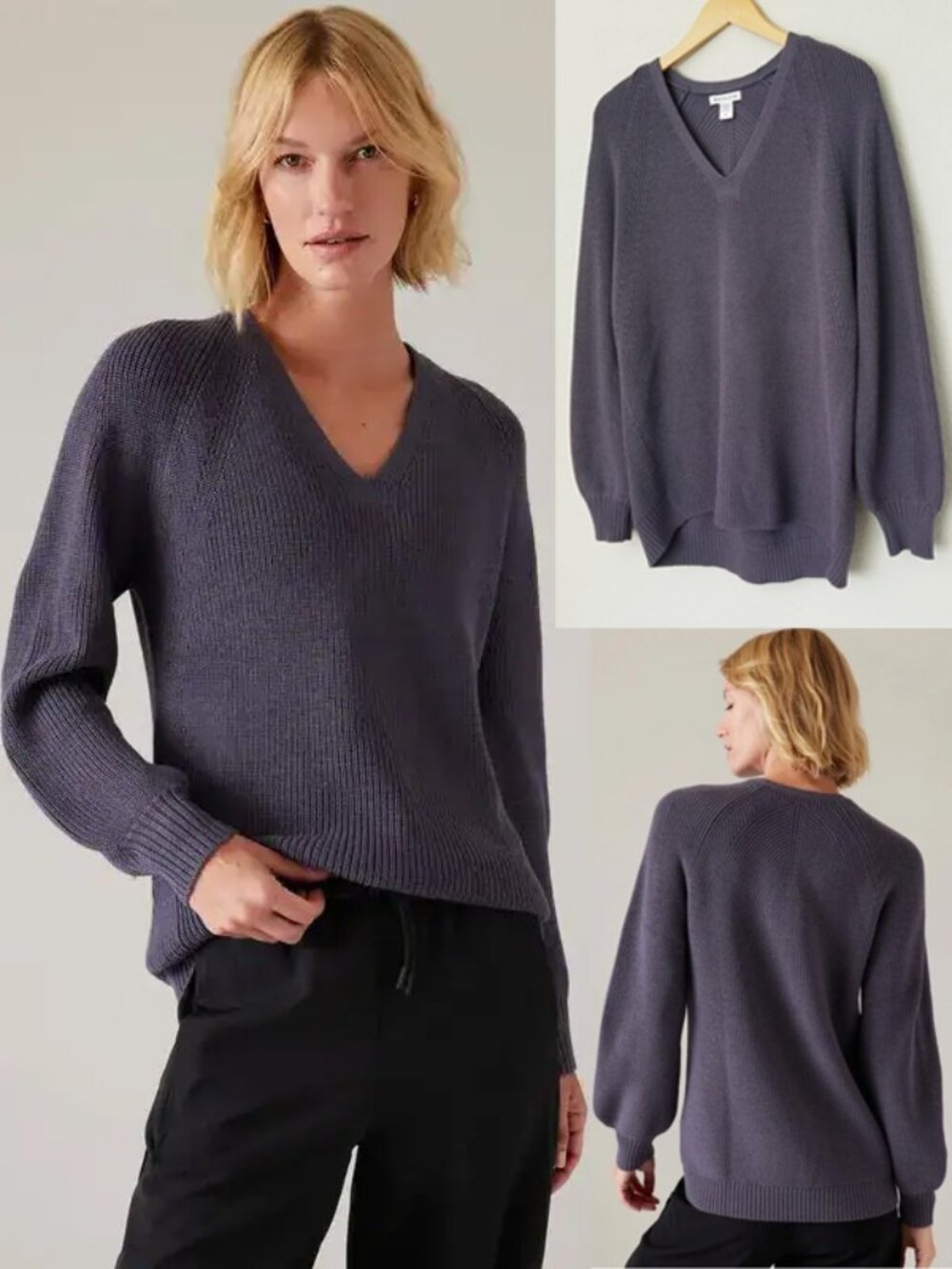 Athleta En Route Hanover Sweater Nightfall Purple M Merino Wool Blend $109 VNeck